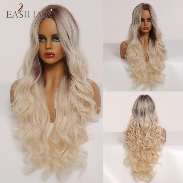 ombre brown to blonde long body wavy wigs with highlights natural hair wig cosplay synthetic for black/white women1
